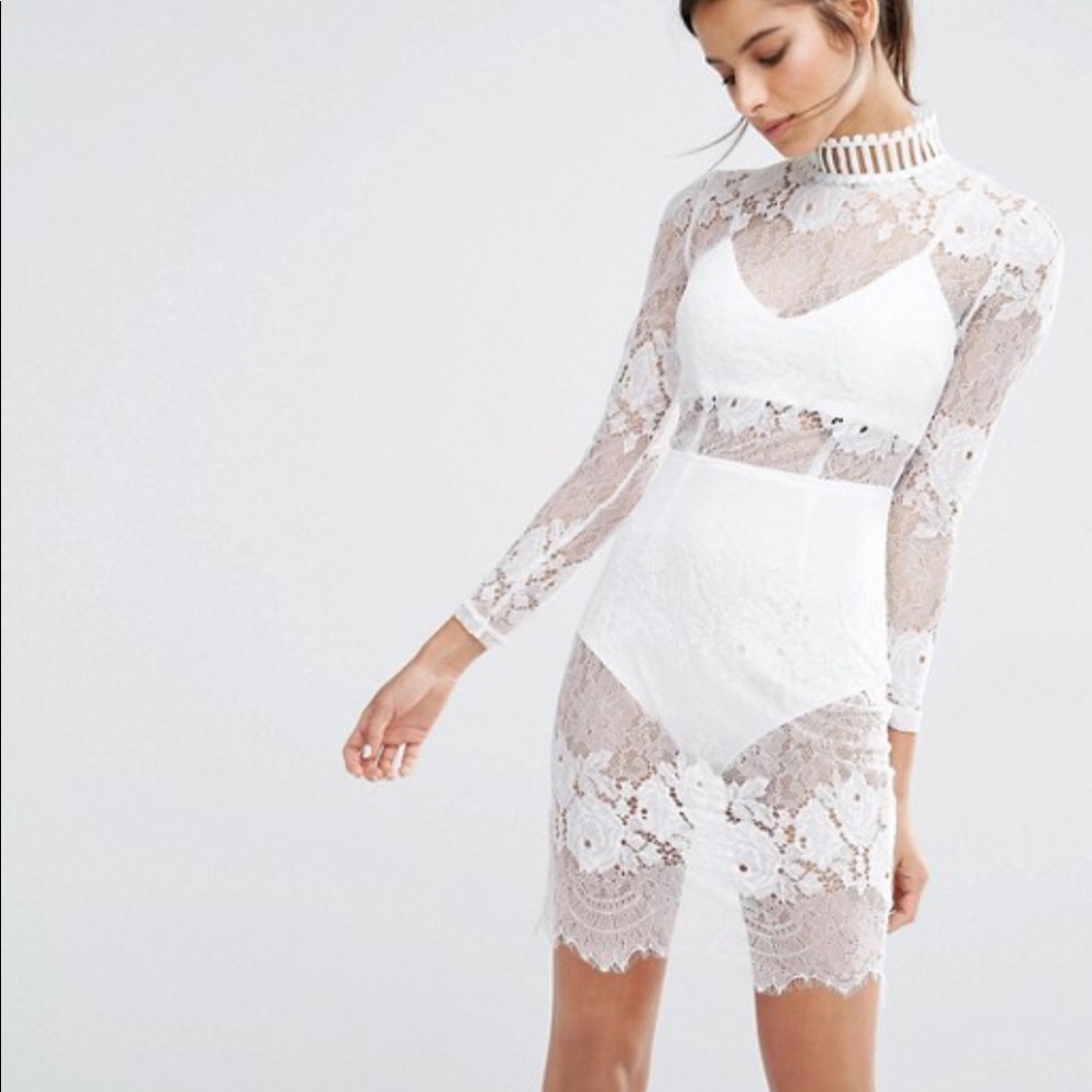 Missguided Lace High Neck Bodycon Dress in White